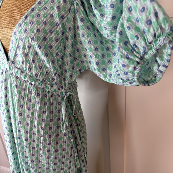 Mango MNG Maxi Dress SMALL Green Open Back Cotton Geometric Tiered Deep V Neck - Picture 6 of 11